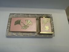 Pink  Enamel Cigarette Box  and  Matching Lighter / Gingo Leaf  Design  Vintage picture