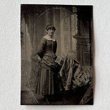Antique Tintype Studio Photograph Lovely Young Woman Corset Pleated Dress picture