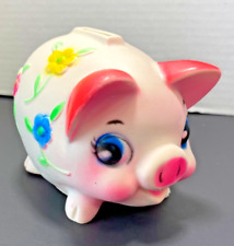VTG 70s Sanitoy Happy Girl piggy bank w/stopper GROOVY flowers bright colors picture