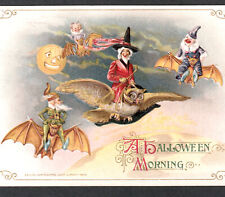 Winsch 1914 Schmucker A Halloween Morning Witch Clown Elf Owl Antique PostCard picture