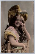 Victorian Girl RPPC Lovely Girl Straw Hat Elegant c1905 Real Photo Postcard picture