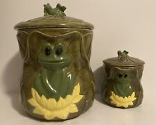 Lot of 2 1980 Vintage Frog Ceramic 10.5” Cookie Jar and 6” Canister Hand Painted picture