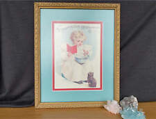 Victoriana Print Girl Teaching Cat to Read Framed and Matted 1990s picture