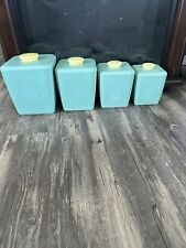 MID CENTURY MODERN 1950s/60s KITCHEN CANISTER SET SEA FOAM AQUA With Yellow Hand picture