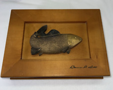 Clarence A Wells Men’s Unisex Wood Jewelry Box Lid 3D Gold Salmon 11”x8” Exc picture