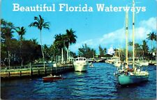 Beautiful Florida Waterway Boats Scenic Tropical Palm Trees Chrome Postcard picture