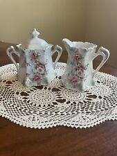 Vtg Germany Oversized Sugar Bowl W/lid Creamer Pink Blue Green Flowers Victorian picture