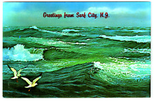 Postcard Chrome Greeting From Surf City, NJ Rough Waves with Seagulls picture