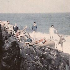 Walk by the sea on the rocks autochrome lumiere stereo photo 6x13cm picture