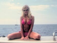 2000s Blonde Pretty Lady Bikini Attractive Sitting on Yacht Vintage Photo picture