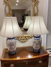 Pair of Hand-Painted Chinese Porcelain Lamps: Cobalt Blue, Pale Pink, Florals picture