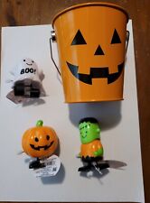 Lot of 3 Halloween Wind-Up Toys and Mini Pumpkin Tin Pail picture