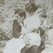 Antique 1897 Boy Catches Couple Kissing On Couch Stereoview Photo Card P1897 picture