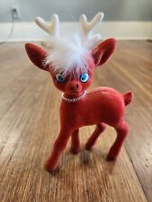 Vintage Red Flocked Reindeer Fuzzy Hair Christmas Kitsch MCM picture