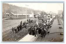 c1910 Depot Train Station Large Crowd Locomotive RPPC Photo Postcard picture