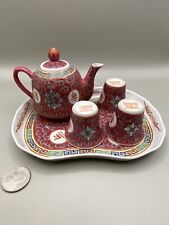 Vintage Zhongguo Jingdezhen Mun Shou Famille Rose Mini Tea Pot Cups Tray X8 picture