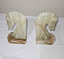 Vtg Trojan Horse Head Bookends Hand Carved Onyx Marble Stone  6 1/2