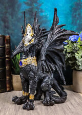 Blue Sapphire Golden Armored Combat Dragon Standing Guard In Faux Stone Statue picture