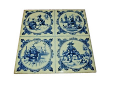 Vintage CI Japan Wood Cheese Board Pictorial Blue Tile Tray Funny Scenes 12x19