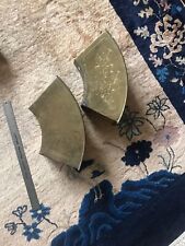 Pair Vintage Chinese Brass Wall Planter Fan Shape Engraved w/ Birds flowers 15