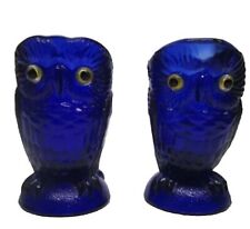 Vintage Cobalt Blue Imperial Glass Owl Creamer & Sugar Yellow Eyes Double RARE picture