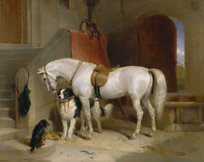 Dream-art Oil painting nice white horses with dogs holding Horsewhip in stable picture