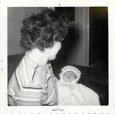 vintage Snapshot Baby in Bonnet Held By Mom Mother B/W 1961 note on back picture