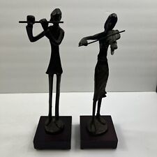 Vtg two Solid Bronze Laquered Musicians: Flutist and Violinist , 11” Tall . picture