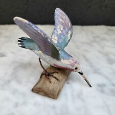 Carved Wooden Hummingbird on Stump Figurine Lightweight Blue Purple Teal 4