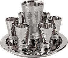 Nickel Hamerwork Silver Rings Set 6 Cups & Kiddush Cup By Yair Emanuel  picture