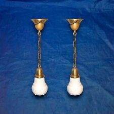 20” Long Vintage Pendant Lights Brass Wired Pair Milk White Globes 119A picture