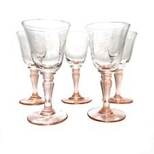 Vintage 1930s Depression Glass Set of 5 Pink Stem Floral Etched Cordial Sherry picture