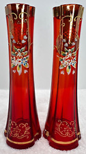 Monumental Bohemian Pink Glass Vase 24 Gold Rim and Enameling Flowers (Set of 2) picture