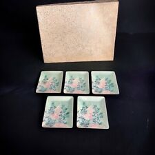Japanese Sushi Plates 5 Pink and Blue Floral Glass Enamelware Original Box picture