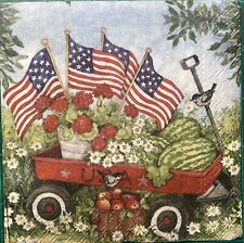 TWO Individual Paper Cocktail Decoupage Napkin Patriotic Wagon Watermelon Flag picture