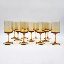 Vintage Mid-Century Hand Blown Amber Stemmed Wine Glass Goblet Set Of 11 picture