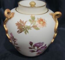 RARE ROYAL WORCESTER BLUSH IVORY PORCELAIN COVERED JAR W/GILDED SNAKES HANDLE picture