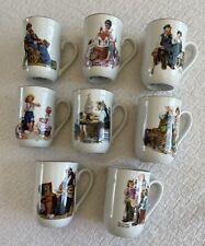 VINTAGE SET Of 8 Norman Rockwell Museum Coffee Mugs Cups White Gold Trim 1982 picture