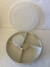 Almond Tupperware 1708 Divided Veggie Tray Server, Lid, sheer 1229 Dip Cup/ lid picture