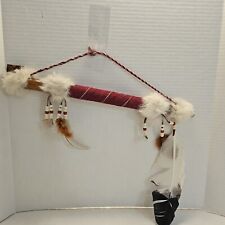 Native American Peace Pipe Replica Wood Wrapped In Leather Decorated With Fur... picture