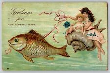 1909 Greetings from New Bedford MA Vtg Postcard Fantasy Girls Sea Shell Fish picture