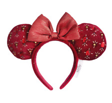 Disney Parks Christmas Lights Velvet Cranberry Red Jeweled Minnie Ears Headband picture