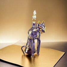 Hand Blown Egyptian Art Glass Perfume Bottle With Stopper Purple Gold Cat Sphinx picture