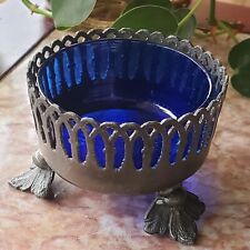 Antique Cobalt Blue Blown Glass Footed Salt Cellar Bowl Ornate Silver Tone  picture