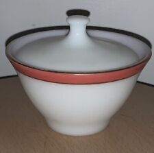Vintage Pyrex Red/ Pink Border  Gold Band Milk Glass Sugar Bowl with lid picture