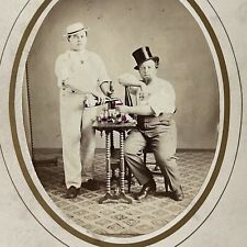 Antique Cabinet Card Photograph Man In Top Hat Drinking Wine Waiter Occupational picture