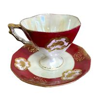 Vintage Japan Burgundy Iridescent Cup & Saucer Pedestal Gold Trim Unmarked MCM picture