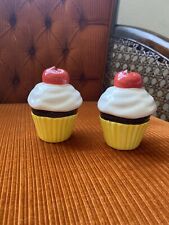 Vintage Ceramic White Frosted Chocolate Cupcake Salt And Pepper Shakers Cherry picture