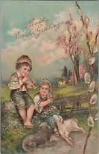 Postcard Hearty Easter Greetings Kids  + Dog with Lamb 1907 picture