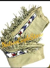 Old Style Beige Suede Leather Sioux Beaded Fringes Powwow Pant 36 waist NP165 picture